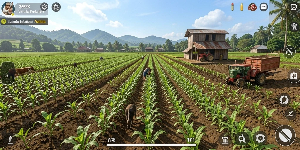Tampilan gameplay 365ZK menunjukkan kebun yang subur dan aktivitas petani.