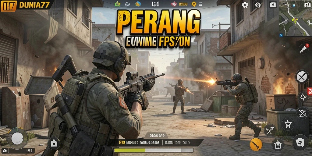 Tampilan aksi intens dari gameplay DUNIA77 dalam pertempuran FPS.