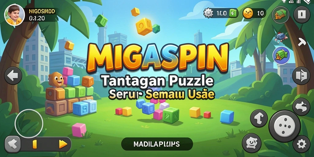 Screenshot utama MIGASPIN menampilkan gameplay puzzle yang menantang.