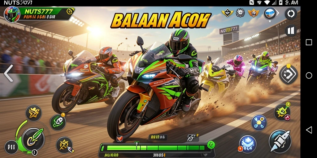 Gameplay NUTS777 yang seru dan mendebarkan dalam balapan motor.