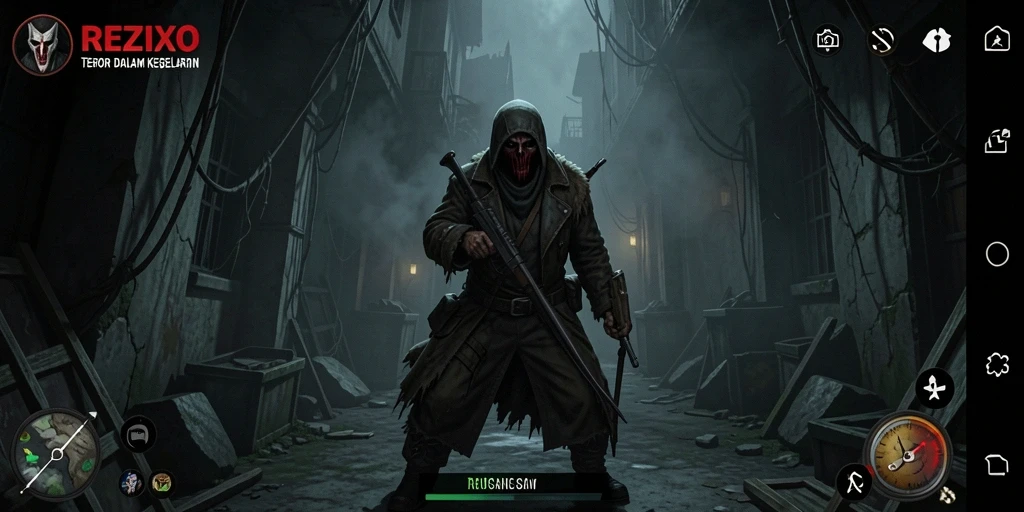 Gambaran gameplay REZIXO yang mencekam dan menegangkan.